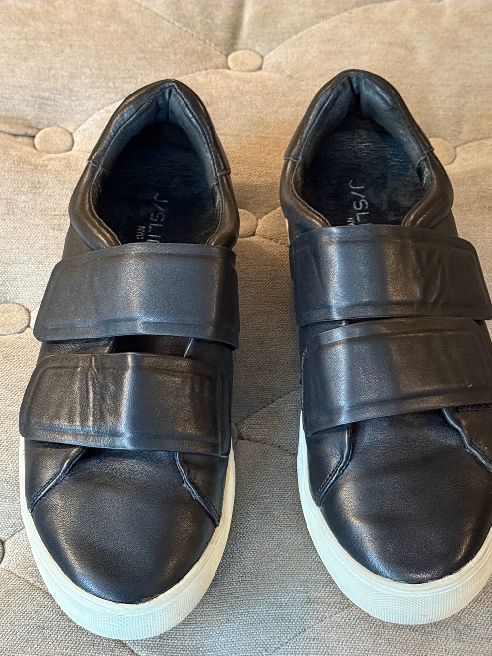 J/Slides Black Leather Velcro Strap Women’s Sneakers